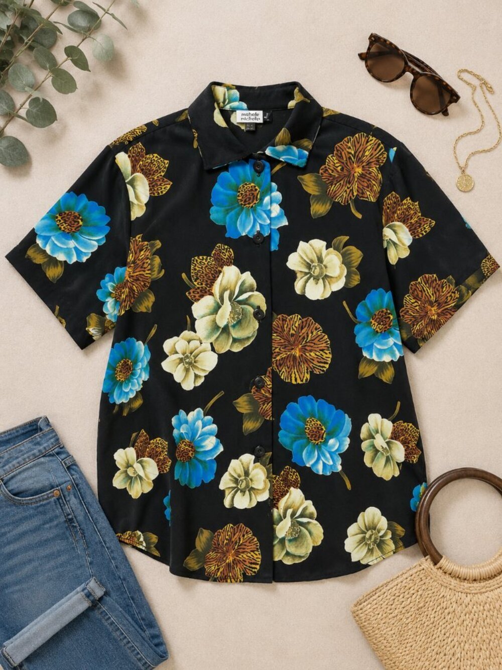 Vintage Michele Michelle Floral Blouse Size 10 Made USA Black Blue Button Up